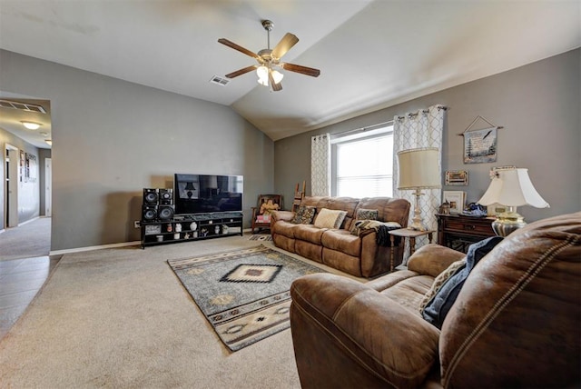 2233 NW 196th St, Edmond, OK 73012 - carpeted living room with lofted ceiling and ceiling fan