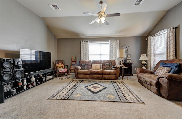 2233 NW 196th St, Edmond, OK 73012 - living room with carpet floors, lofted ceiling, and a ceiling fan