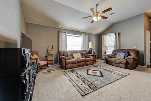 2233 NW 196th St, Edmond, OK 73012 - living room with carpet flooring, a ceiling fan, and lofted ceiling