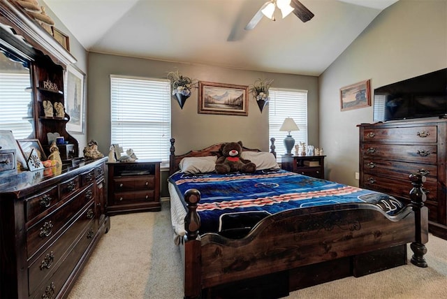 2233 NW 196th St, Edmond, OK 73012 - bedroom featuring lofted ceiling, light carpet, and ceiling fan