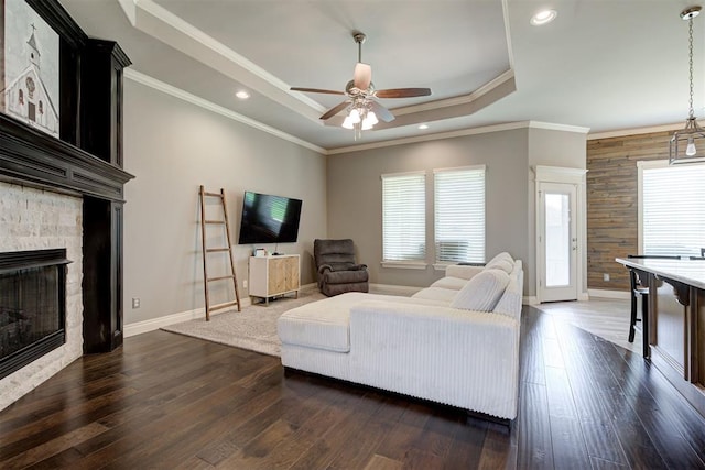 4600 Kentucky Ridge Dr, Mustang, OK 73064 - living room featuring a ceiling fan, dark wood-style flooring, a tray ceiling, a stone fireplace, and ornamental molding