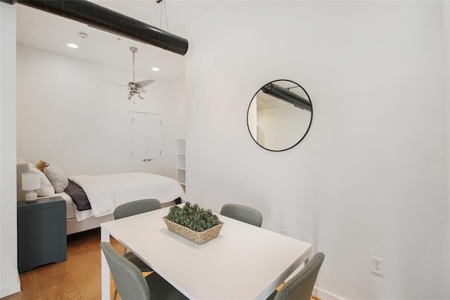 1 NE 2nd St Unit 402, Oklahoma City, OK 73104 - dining space featuring light wood-type flooring, recessed lighting, and ceiling fan