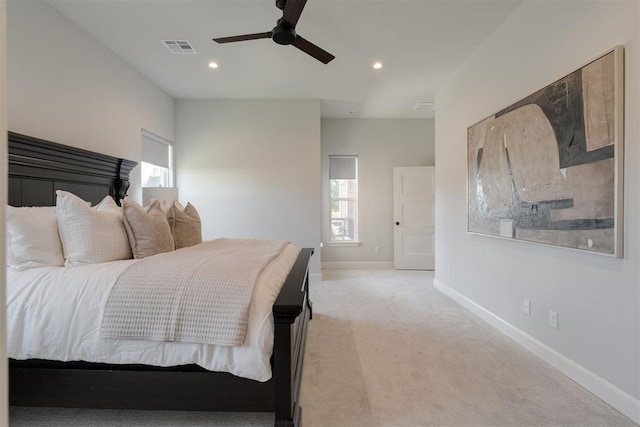 3624 Utica Square Dr, Edmond, OK 73034 - bedroom featuring light colored carpet, recessed lighting, and ceiling fan