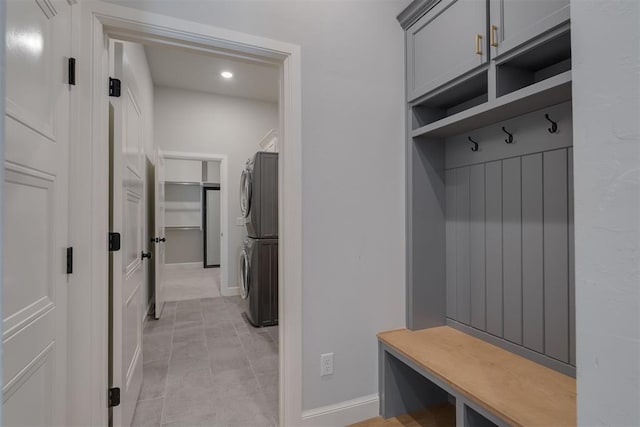 3624 Utica Square Dr, Edmond, OK 73034 - mudroom featuring stacked washer / drying machine and recessed lighting