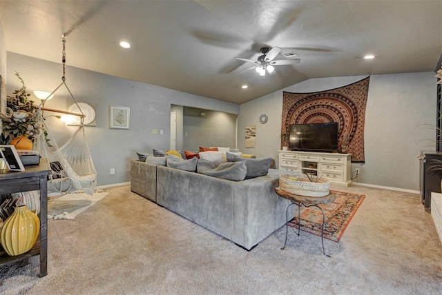 1229 S Gemini Rd, Edmond, OK 73003 - living area featuring a ceiling fan, lofted ceiling, carpet, and recessed lighting