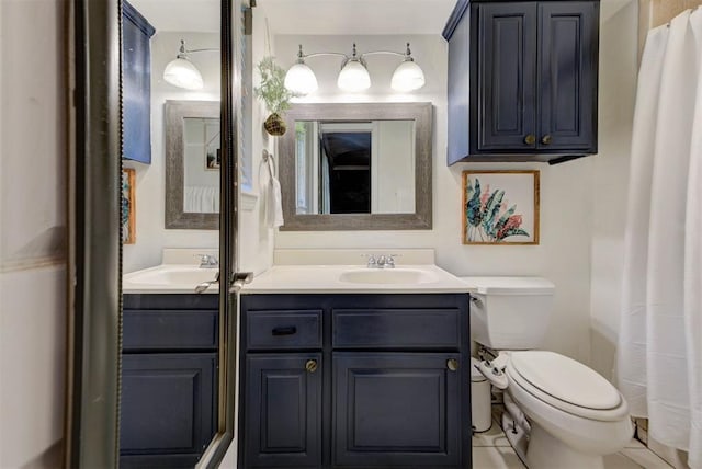 1229 S Gemini Rd, Edmond, OK 73003 - bathroom with double vanity, tile patterned floors, and curtained shower
