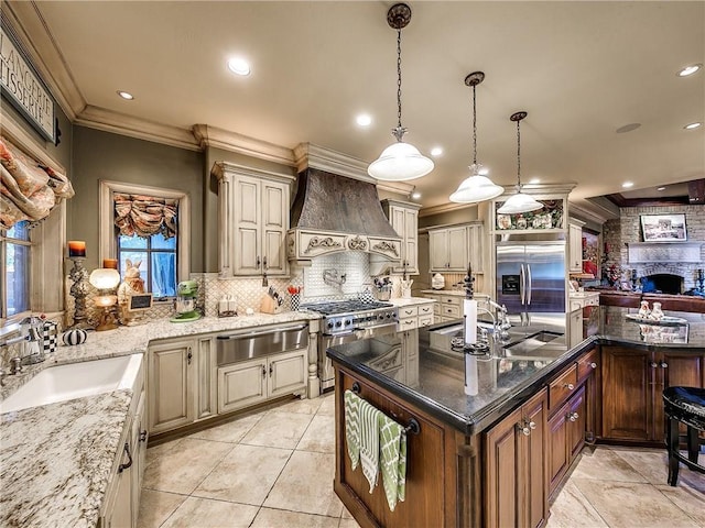 12912 Anduin Ave, Oklahoma City, OK 73170 - kitchen featuring high end appliances, custom exhaust hood, a warming drawer, crown molding, and decorative backsplash