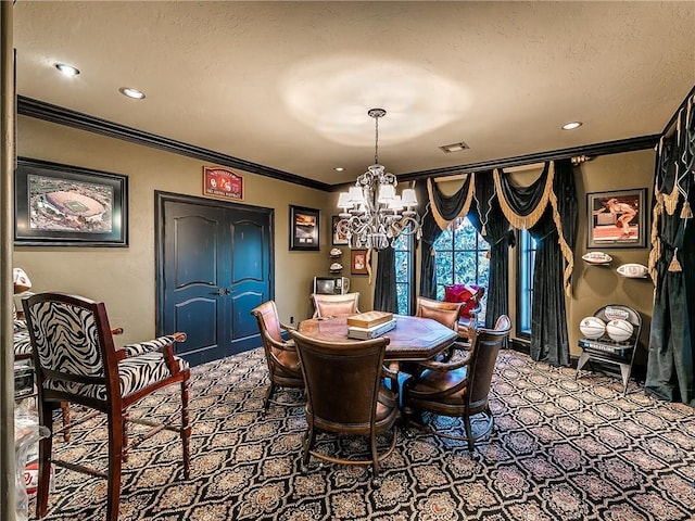 12912 Anduin Ave, Oklahoma City, OK 73170 - carpeted dining room featuring a chandelier, ornamental molding, and recessed lighting