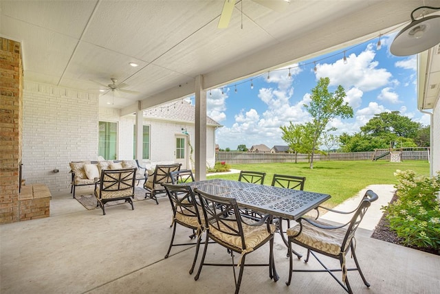 1006 Dorsi Way, Newcastle, OK 73065 - fenced backyard featuring ceiling fan, outdoor dining space, a patio area, and outdoor lounge area