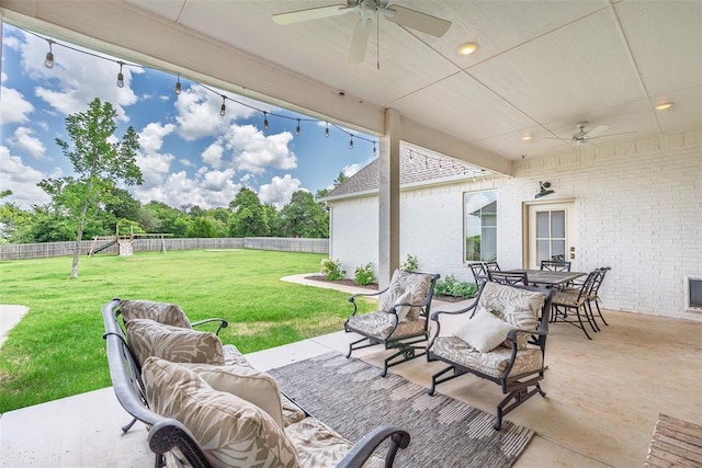 1006 Dorsi Way, Newcastle, OK 73065 - fenced backyard with a ceiling fan, a patio area, and outdoor dining space
