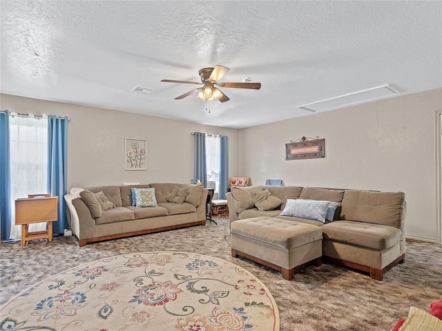 1008 County Road 1580, Marlow, OK 73055 - living room featuring attic access, carpet flooring, healthy amount of natural light, a textured ceiling, and ceiling fan