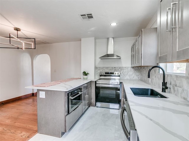 2212 N Kelham Ave, Oklahoma City, OK 73111 - kitchen with appliances with stainless steel finishes, wall chimney exhaust hood, gray cabinets, a peninsula, and backsplash