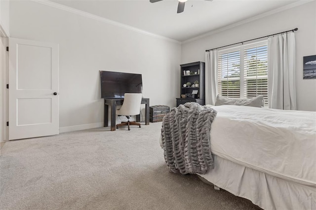 1724 Campus Corner Pl, Edmond, OK 73034 - bedroom with carpet floors, ornamental molding, and ceiling fan