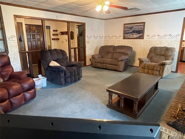 24400 Blackjack Rd, Perry, OK 73077 - living room with ceiling fan, crown molding, and carpet