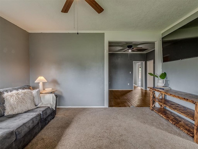 901 S 11th St, Kingfisher, OK 73750 - living area featuring a ceiling fan, carpet floors, ornamental molding, and a textured ceiling
