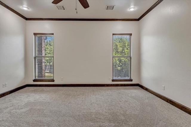 5000 Tower Bridge Court, Edmond, OK 73034 - carpeted spare room featuring crown molding and ceiling fan