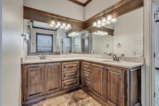 5000 Tower Bridge Court, Edmond, OK 73034 - bathroom featuring crown molding, double vanity, and marble look tiles