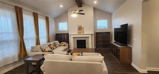 821 Mount Irving Way, Norman, OK 73071 - living area with a fireplace, beam ceiling, dark wood finished floors, ceiling fan, and high vaulted ceiling