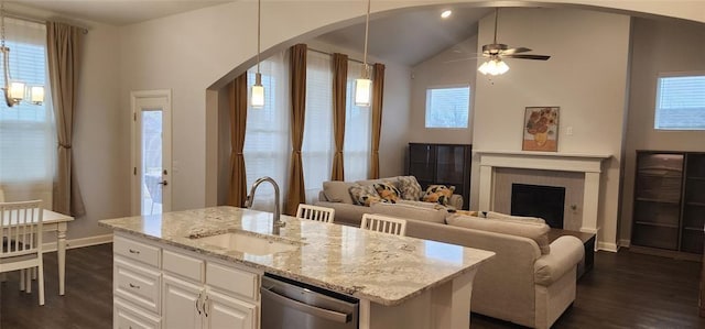 821 Mount Irving Way, Norman, OK 73071 - kitchen with dishwasher, arched walkways, dark wood-style floors, light stone countertops, and vaulted ceiling