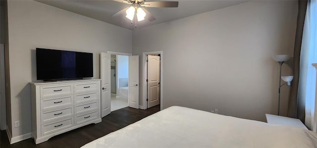 821 Mount Irving Way, Norman, OK 73071 - bedroom featuring dark wood-type flooring, connected bathroom, and ceiling fan