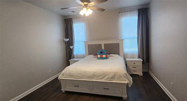 821 Mount Irving Way, Norman, OK 73071 - bedroom with dark wood-style floors and ceiling fan