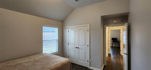 821 Mount Irving Way, Norman, OK 73071 - bedroom featuring dark wood-style floors, lofted ceiling, and a closet