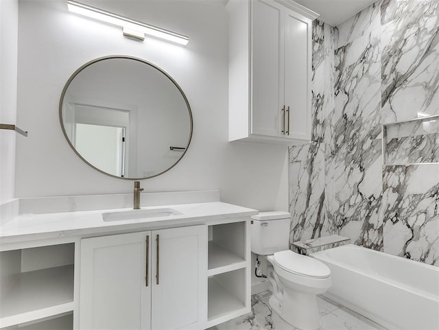 532 NW 112th St, Oklahoma City, OK 73114 - bathroom with marble look tiles, vanity, and  shower combination