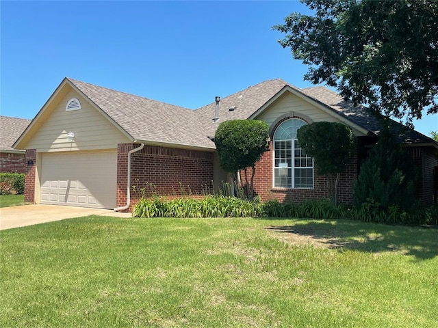 3905 Ripple Ave, Norman, OK 73072 - ranch-style home featuring brick siding, a garage, a front yard, roof with shingles, and concrete driveway