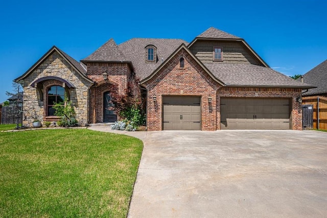 3205 Sycamore Dr, Moore, OK 73160 - french country style house featuring driveway, an attached garage, brick siding, and a shingled roof