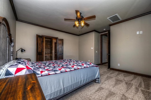 3205 Sycamore Dr, Moore, OK 73160 - bedroom with carpet, crown molding, and ceiling fan
