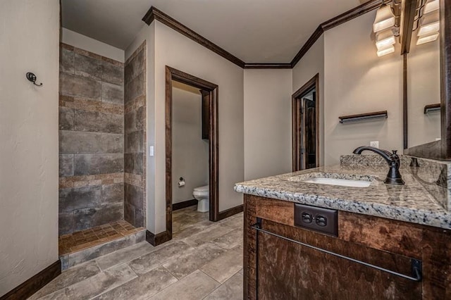3205 Sycamore Dr, Moore, OK 73160 - full bathroom with vanity, ornamental molding, and tiled shower