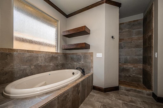 3205 Sycamore Dr, Moore, OK 73160 - bathroom with a garden tub, ornamental molding, and walk in shower