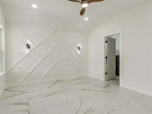 426 NW 115th St, Oklahoma City, OK 73114 - unfurnished room with light marble finish flooring, recessed lighting, ceiling fan, and lofted ceiling