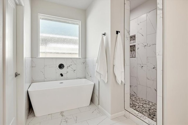 6605 NW 147th St, Oklahoma City, OK 73013 - full bath featuring marble finish floors, a soaking tub, and tiled shower
