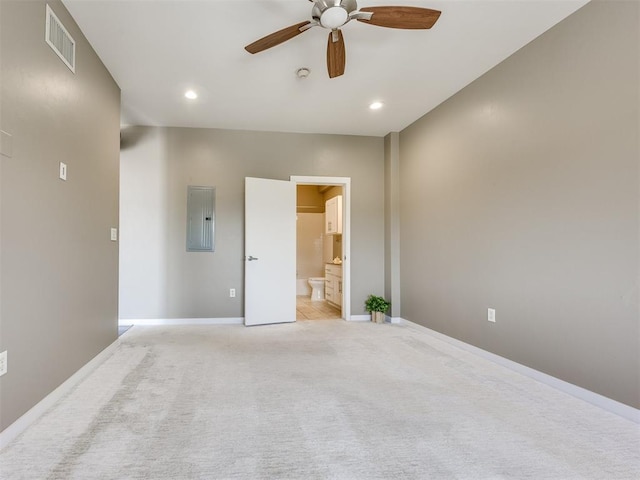 1 NE 2nd St Unit 309, Oklahoma City, OK 73104 - empty room with electric panel, a ceiling fan, light colored carpet, and recessed lighting