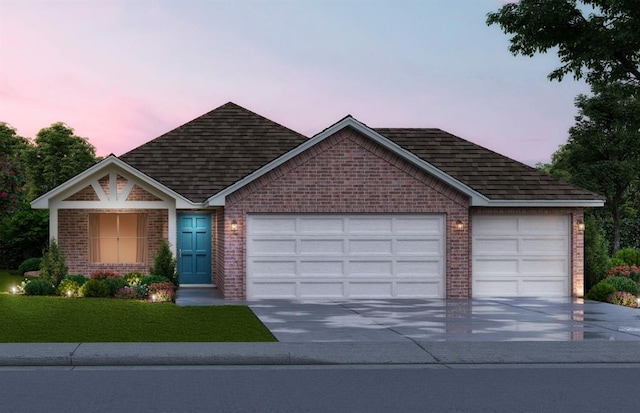 12005 NW 120th St, Yukon, OK 73099 - view of front facade featuring an attached garage, concrete driveway, brick siding, roof with shingles, and a yard