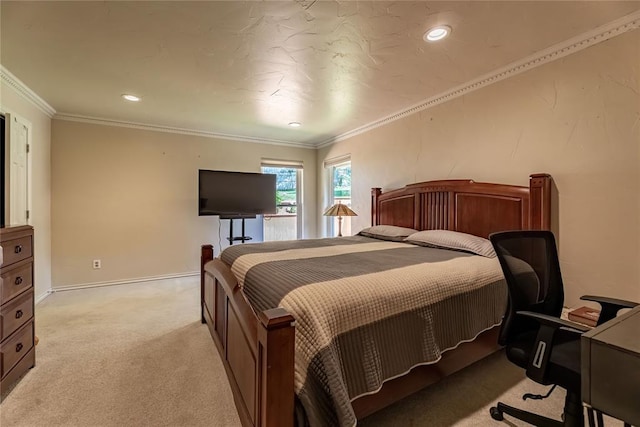 1600 Turtlecreek Rd, Edmond, OK 73013 - bedroom with light carpet, recessed lighting, ornamental molding, and a desk