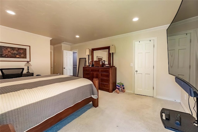 1600 Turtlecreek Rd, Edmond, OK 73013 - bedroom with recessed lighting, light colored carpet, and ornamental molding