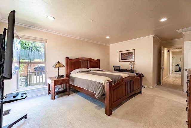 1600 Turtlecreek Rd, Edmond, OK 73013 - bedroom with light carpet, ornamental molding, and recessed lighting