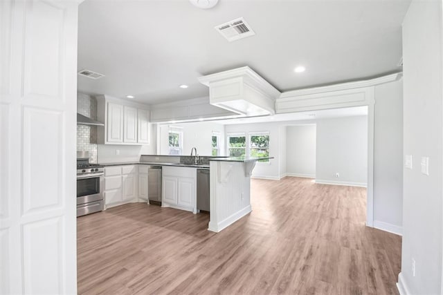810 S Lahoma Ave, Norman, OK 73069 - kitchen featuring appliances with stainless steel finishes, a peninsula, light wood-type flooring, open floor plan, and white cabinets