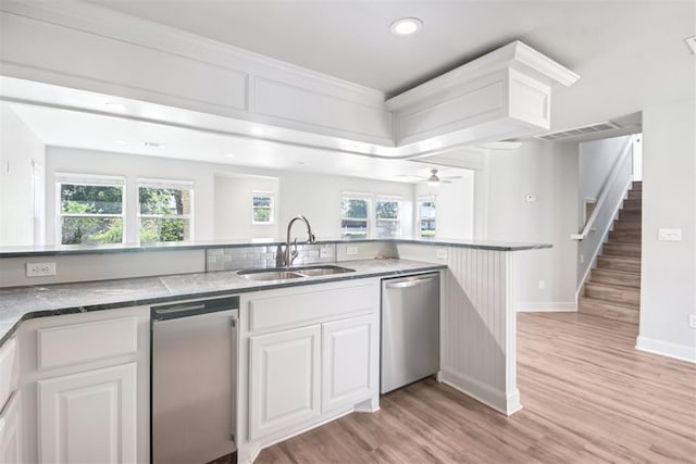 810 S Lahoma Ave, Norman, OK 73069 - kitchen with dishwasher, white cabinets, light wood-style floors, recessed lighting, and ceiling fan