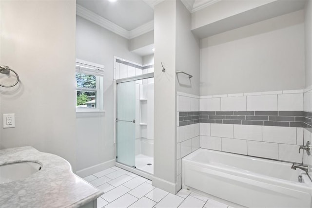 810 S Lahoma Ave, Norman, OK 73069 - bathroom featuring crown molding, vanity, a bath, a stall shower, and tile patterned flooring