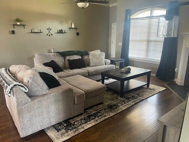 11820 SW 8th St, Yukon, OK 73099 - living room featuring a ceiling fan, healthy amount of natural light, and wood finished floors