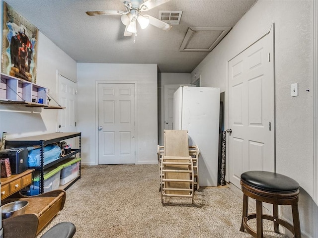5305 S Drexel Ave, Oklahoma City, OK 73119 - rec room with attic access, carpet floors, a textured ceiling, and a ceiling fan