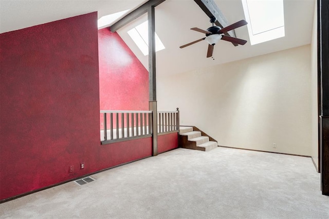 1615 Fox Hollow Rdg, Oklahoma City, OK 73131 - bonus room featuring a ceiling fan, a skylight, carpet, beam ceiling, and high vaulted ceiling