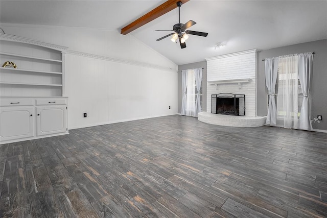 12612 Bannockburn Pl, Oklahoma City, OK 73142 - unfurnished living room with ceiling fan, dark wood-style flooring, and a brick fireplace