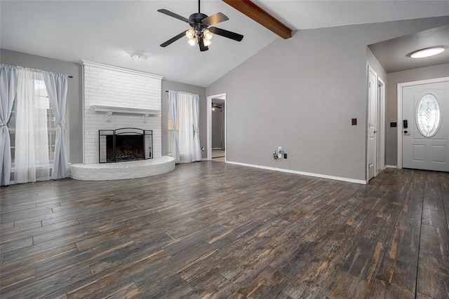 12612 Bannockburn Pl, Oklahoma City, OK 73142 - unfurnished living room with wood finished floors, ceiling fan, and a brick fireplace