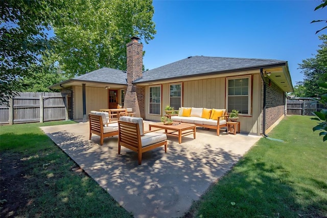 12612 Bannockburn Pl, Oklahoma City, OK 73142 - rear view of property with outdoor lounge area, a patio, a chimney, and a shingled roof