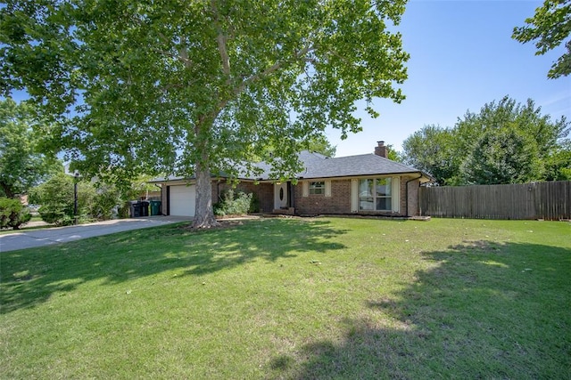 12612 Bannockburn Pl, Oklahoma City, OK 73142 - single story home featuring a garage, concrete driveway, a chimney, and brick siding