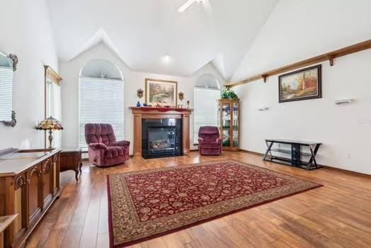 11416 Leslie Beachler Ln, Midwest City, OK 73130 - living room featuring vaulted ceiling, a glass covered fireplace, and wood finished floors
